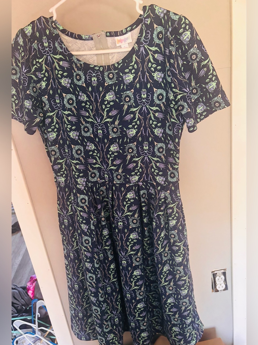 LuLaRoe Navy Floral Midi Dress with Green & Lavender Accents